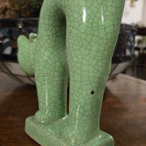 Antique Japanese Celadon Crackle Glazed Green Porcelain Cat Figurine - Picture 9 of 12